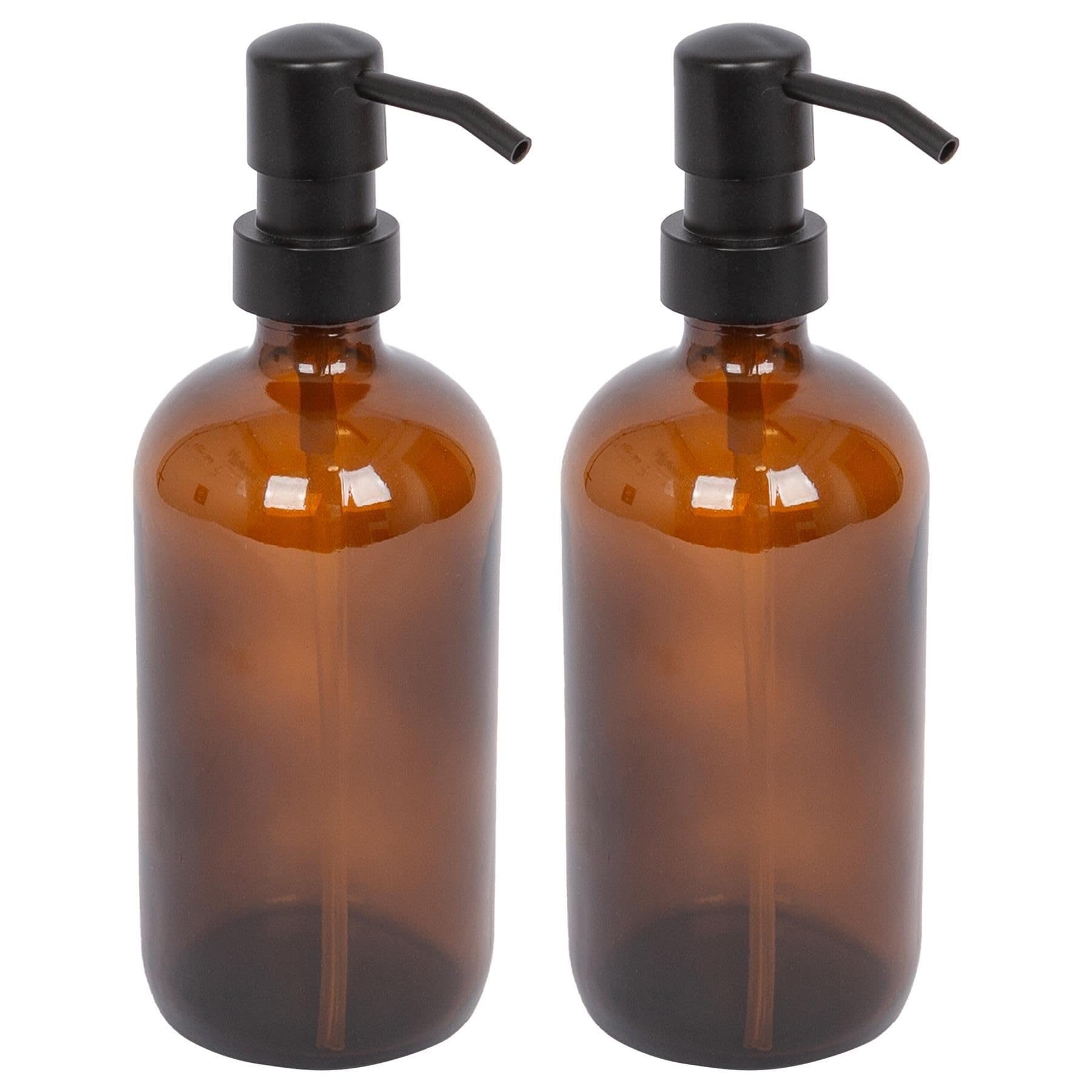 Harbour Housewares Amber Glass Soap Dispensers Pack of 2-500ml Refillable Bottles with Black Pumps - Bathroom and Kitchen Accessories for Hand Wash, Lotion or Washing Up Liquid