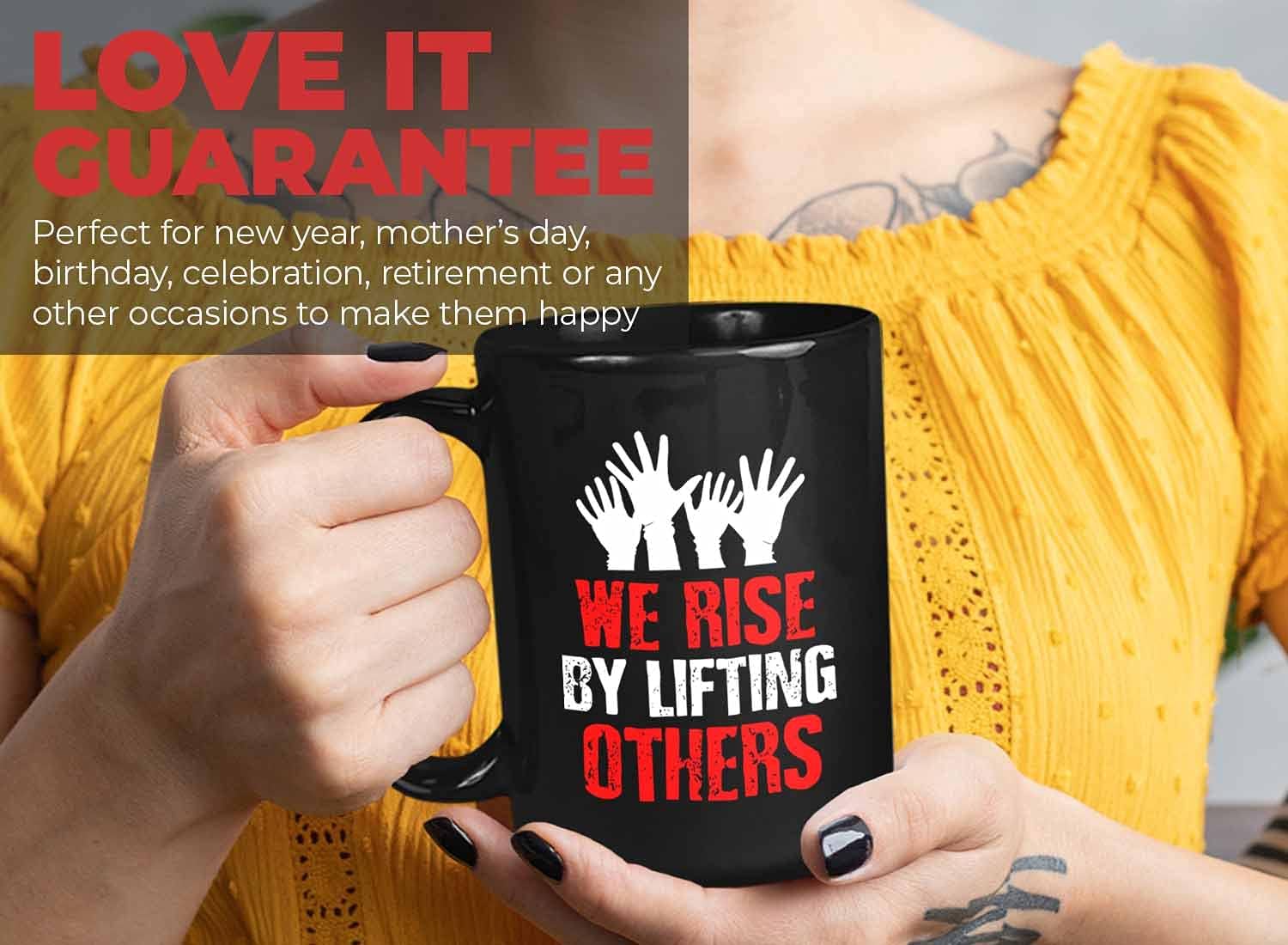 Bubble Hugs Politics Coffee Mug - We Rise by Lifting Others - African American LGBTQ Feminist March Freedom Civil Politican Bisexual Rights 15oz Black
