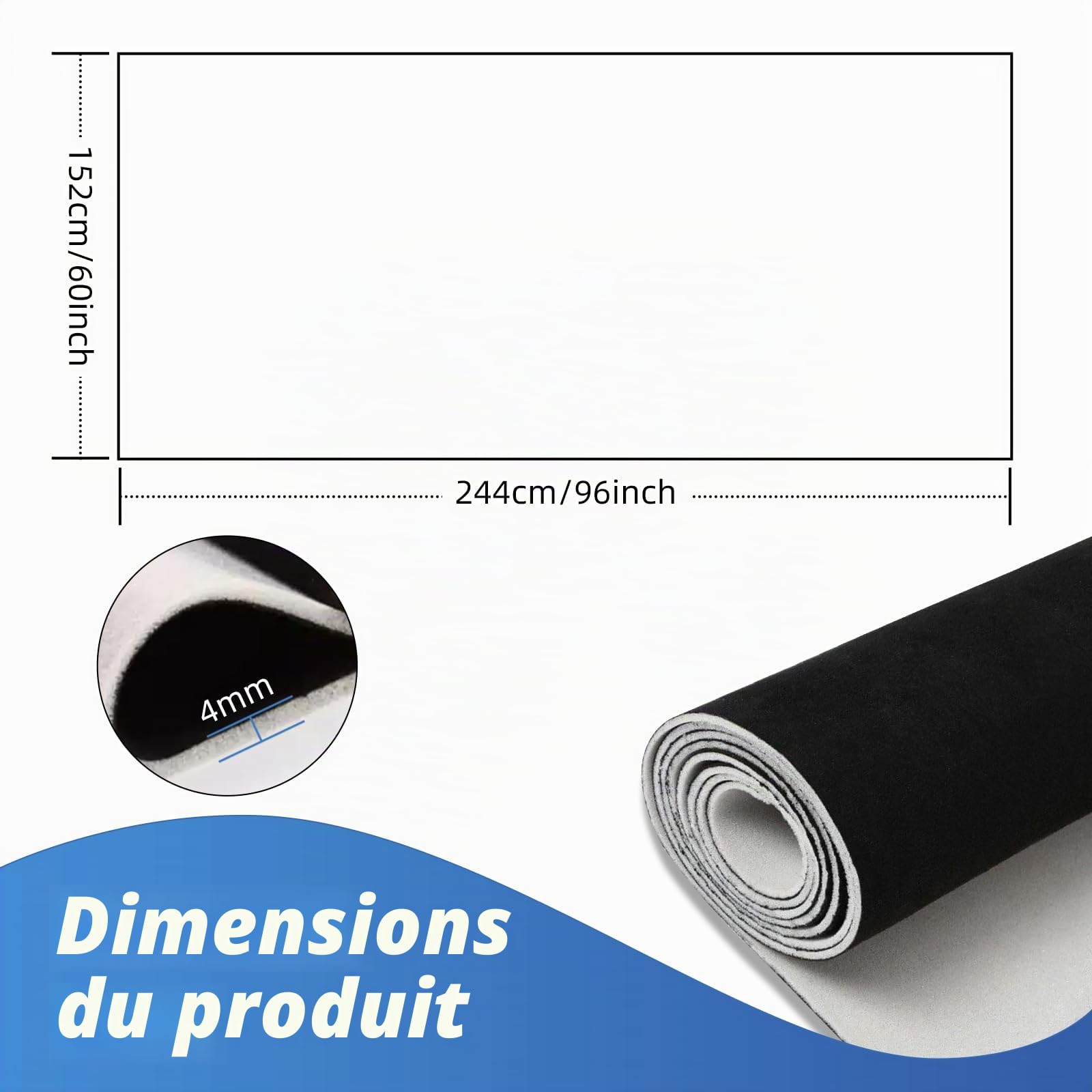 Tissu pour Ciel de Toit Auto en Simili Suède, 244x152 cm (96x60Zoll) (4 mm d'épaisseur), Noir - Revêtement Intérieur Voiture pour Rénovation de Plafond, Toit de Camper, Van