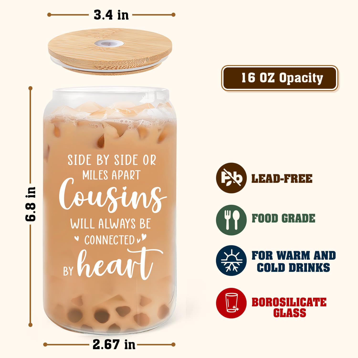 Cousin Gifts for Women - Female Cousin Christmas, Mothers Day, Birthday Gifts from Cousins - 16 oz Glass Cup with Lid and Straw
