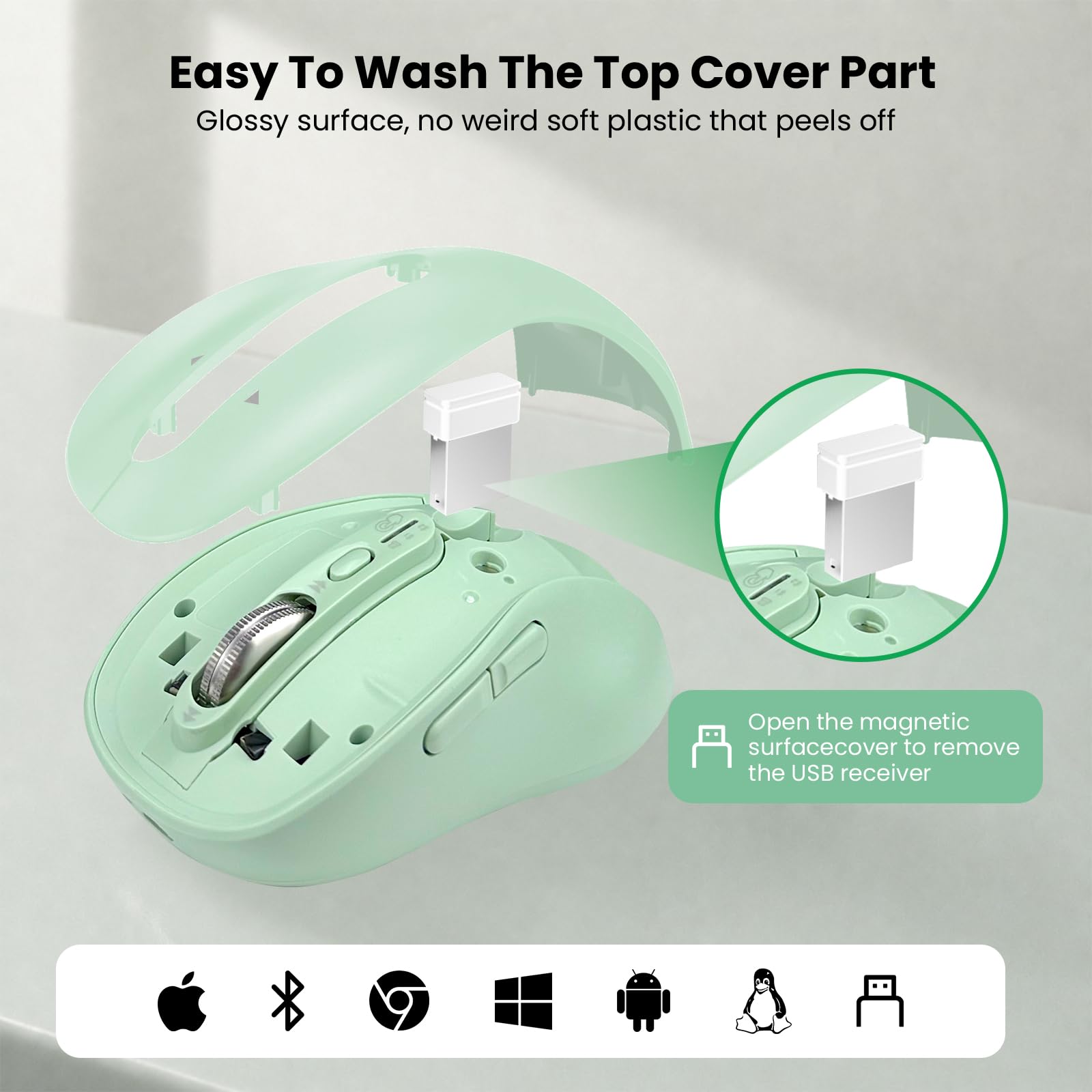 INFINMIND Mouse wireless Bluetooth per laptop, USB+BT × 2, silenzioso, mouse per computer Ergo, in metallo a 4 vie, ± 3200 DPI, ricaricabile, 9 pulsanti, mouse cordless multi dispositivo per iPad