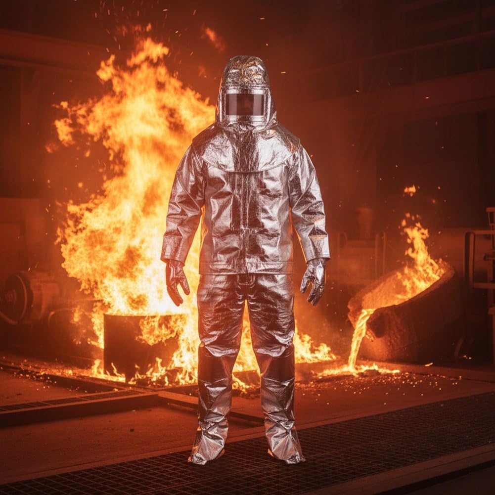 Combinaison De Protection Contre Les Radiations, Résistante À Chaleur Ignifugée, pour Pompiers, Tenue Aluminisée Complète avec Capuche, Bottes, Résistance Au Feu Jusqu'à 1000 Degrés.