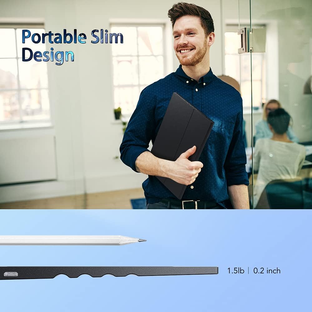 Image showing the portable monitor's slim design, indicating a weight of 1.5lb and thickness of 0.2 inch