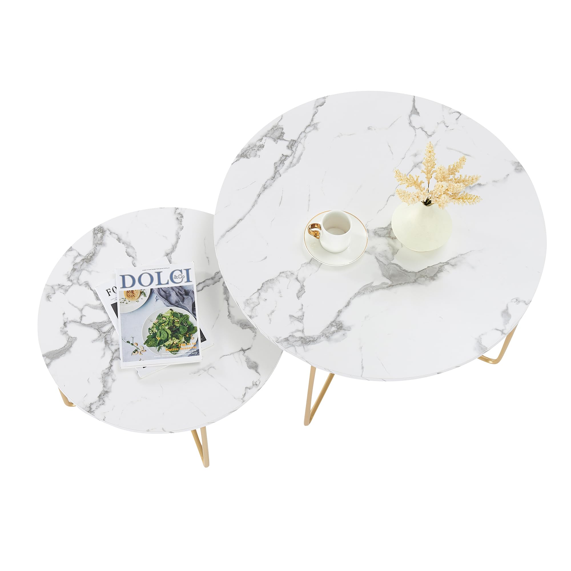 Set Tavolini Da Caffè Rotondi In Marmo Bianco E Oro - 80cm E 60cm, Per Soggiorno, Moderni Ed Eleganti - Foto 5