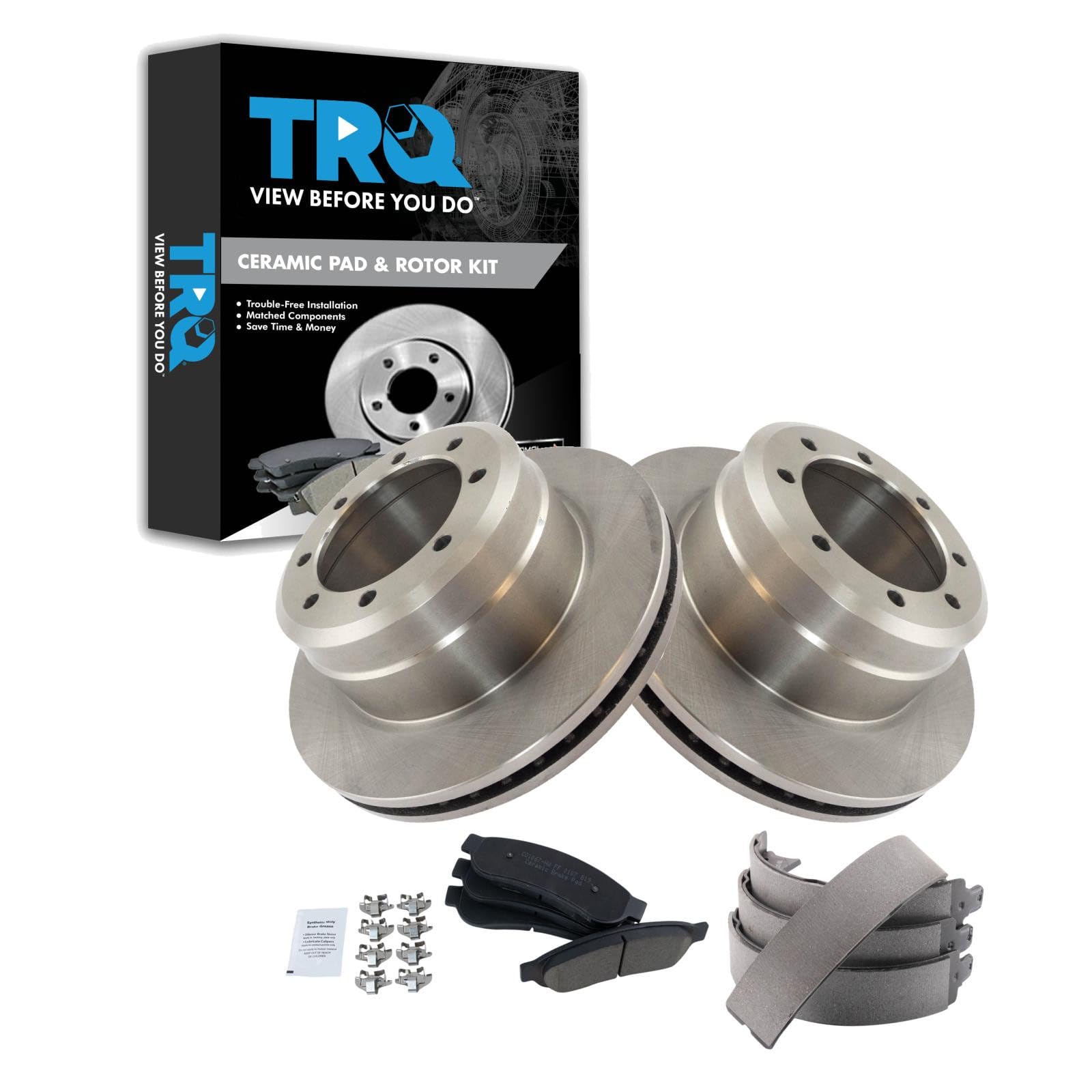 TRQ Rear Brake Pad &amp; Rotor Kit Parking Brake Shoe Set Ceramic Compatible with 2005-2012 Ford F-350 Super Duty 2011-2012 F-450 Super Duty