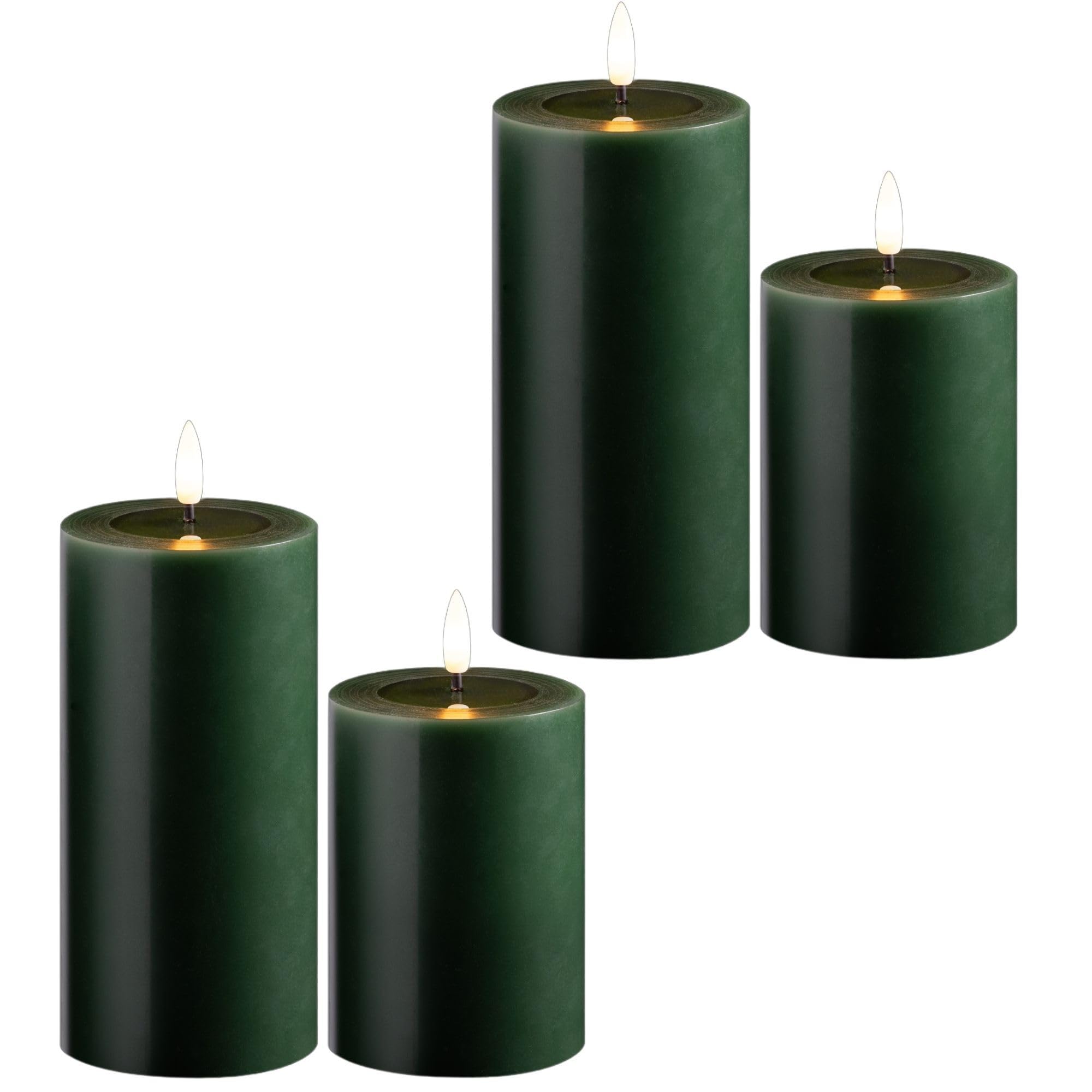 Novaliv 4er Set Led Kerzen flackernde Flamme mit Echtwachspiegel grün 7,5cm ø 2X 15 cm, 2x10 cm Höhe, LED Kerzen mit Timerfunktion, 2 AA Batterien nötig, LED Echtwachs Stumpenkerzen warmweiß