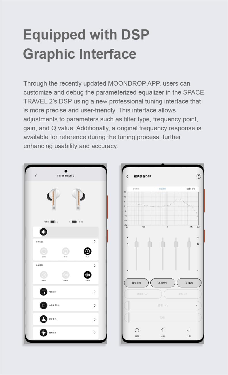Moondrop Space Travel 2 earphones and charging cases in both white and black, with 'MUSIC MODE' and 'GAME MODE' labels.