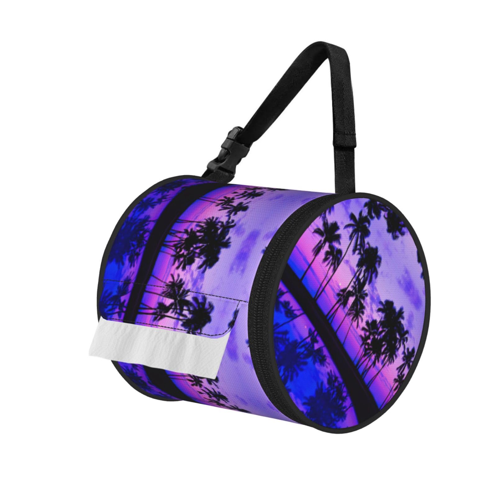 Palm Tree Purple Sunset Printed Hanging Tissue Organizer, Smooth Zipper Oxford Cloth Roll Holder for RV Bathroom Desk