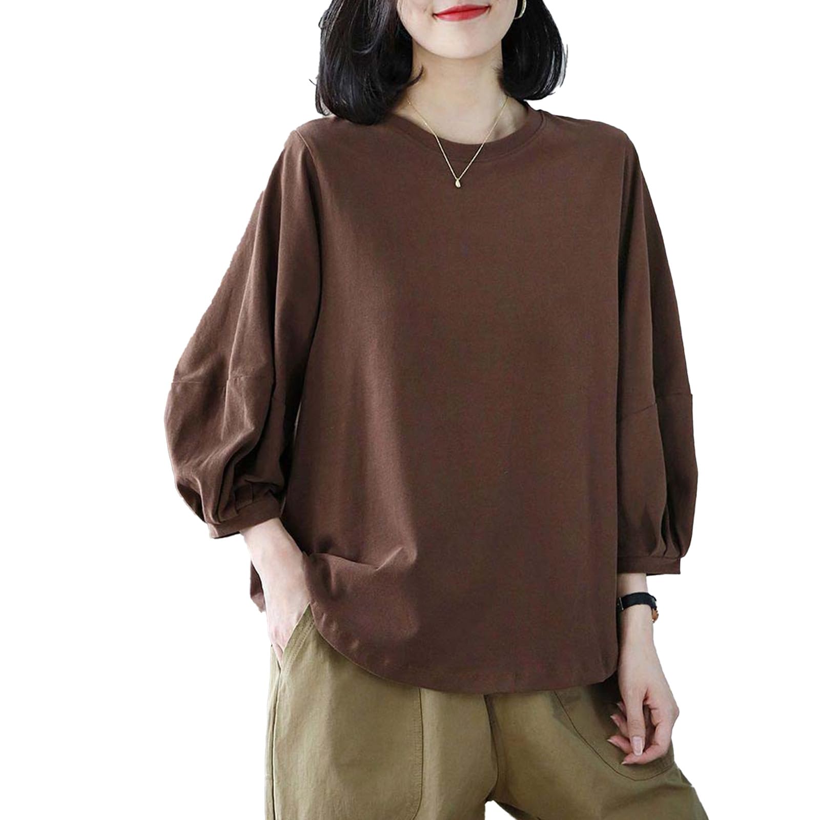 [Betyiro] シャツトップスレディース春夏文芸レトロパフスリーブTシャツ減齢カジュアル七分袖トップス婦人服スタイリッシュでカジュアル出勤して街をぶらつく