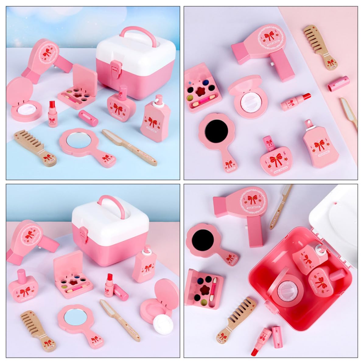 TEHAUX Giocattolo Trucco in Legno e Plastica, Kit Cosmetico Rosa per Sviluppare Coordinazione Occhio-mano e Sensibilità ai Colori, per Gioco Domestico e Compleanni
