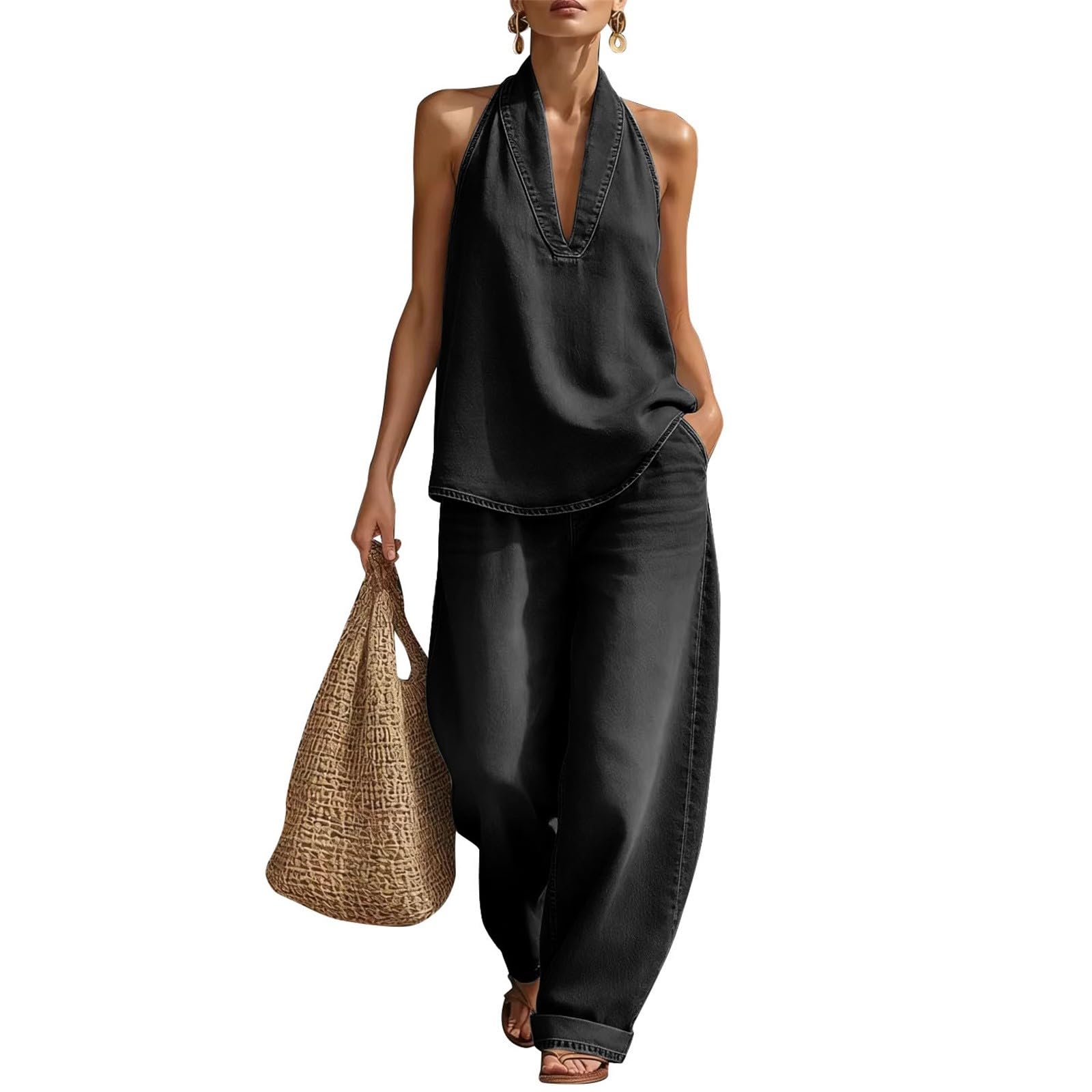Tuta estiva da donna, due pezzi, allacciatura al collo, scollo a V, top in jeans, pantaloni larghi con risvolto, colletto con bottoni, set vintage estetico, elegante abbigliamento da salotto