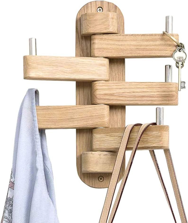 Coat Hooks for Wall, Oak Wood Wall Hooks with 5 Swivel