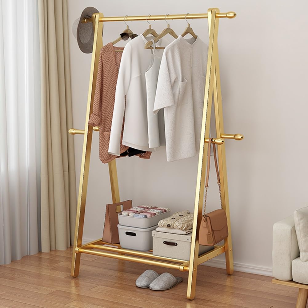 Vrijstaand kledingrek voor het ophangen van kleding, heavy duty ijzeren kapstok met schoenenplank en haken, driehoekig frame, belasting 100kg (Color : Beige, Size : 60x40x148cm