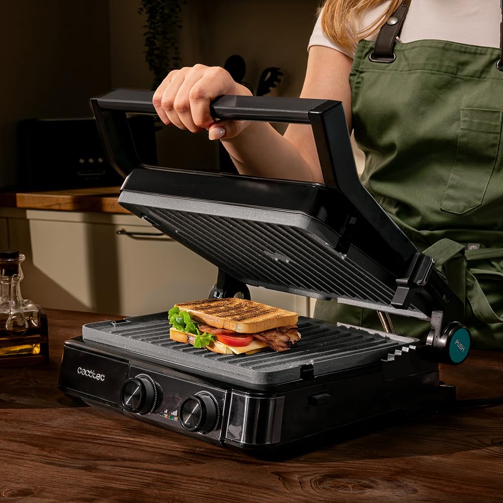Cecotec Rock'nGrill 2200 Dual Grill elektryczny 2200 W, otwarcie 180°, podwójna temperatura, nieprzywierająca RockStone, odwrócone płyty, zbierające, wskaźnik świetlny, 29 x 23 cm