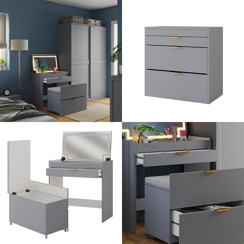 Vicco Schminkkommode Wanja, Grau, 80 cm | mit Bank und LED Spiegel, nutzbar als Schminktisch und Schreibtisch mit drehbarem Hocker