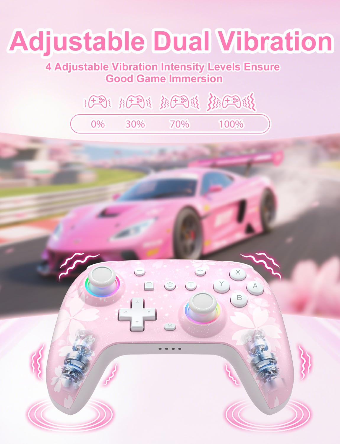 PHNIXGAM Pink Wireless Controller for Switch, Sakura Bluetooth Controller Compatible with Switch 1/Switch 2/Switch Lite/Switch OLED, Windows PC/Steam/Steam Deck/iOS 16.0 and Above/ Android 10.0 and Above, with Programmable Buttons, RGB, Motion Control/Vibration/Turbo - Image 3