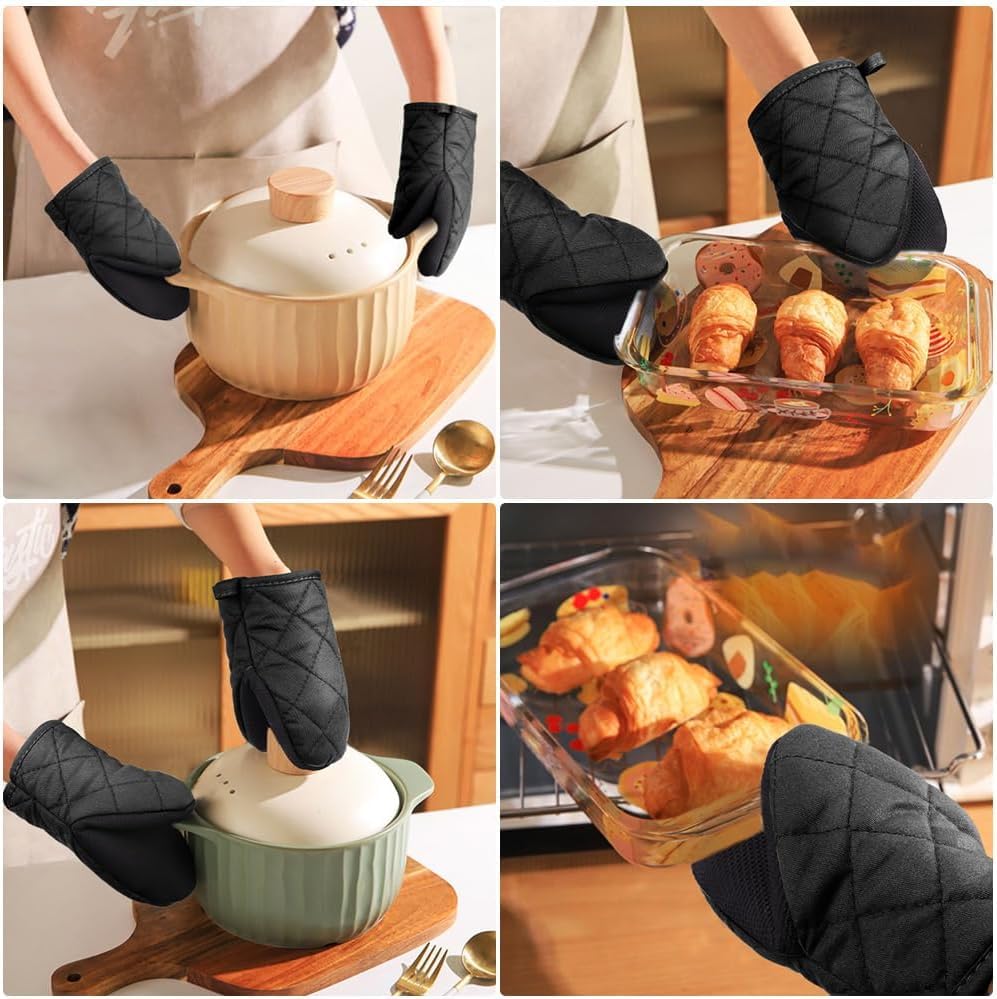1 Pair Short Oven Mitts, Heat Resistant Silicone Kitchen Mini Mitts for 500 Degrees, with Non-Slip Grip Surfaces and Hanging Loop, Oven Gloves for Grilling Barbecue Microwave Machine (Black) - Image 6
