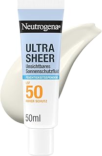 Neutrogena Ultra Sheer Unsichtbares Feuchtigkeitsspendendes Sonnenschutzfluid LSF50 (50ml), hoher UVB/UVA-Schutz, Vitamin C & E, Panthenol & Pro-Ceramiden, 24h Feuchtigkeit, nicht fettend, wasserfest
