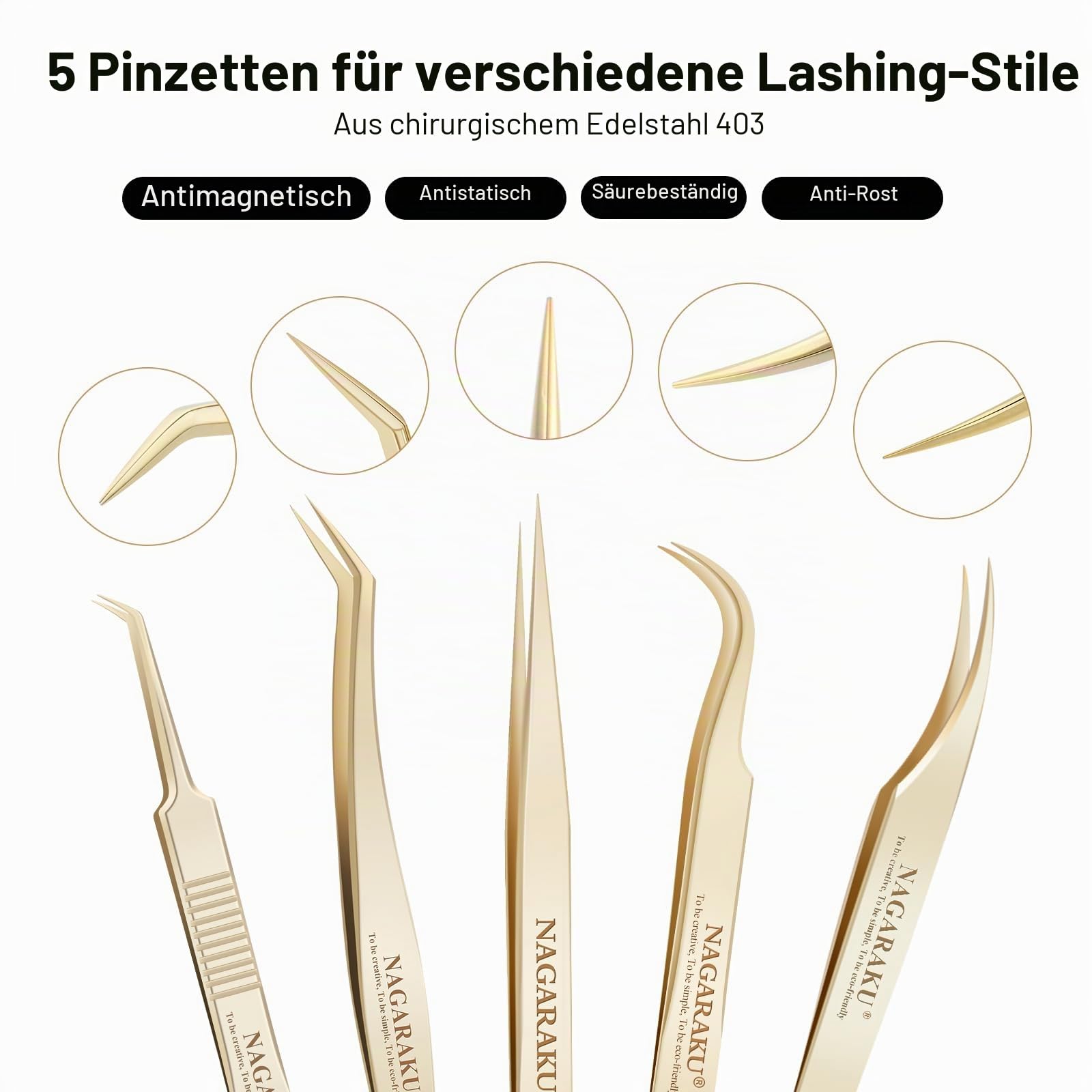 NAGARAKU Wimpernpinzette 5-teiliges Set Professionelle Präzisionspinzette Gerade Gebogene und Volumen Fächer Pinzetten Gold Edelstahl Präzise Schließung Leicht Dünn mit Spitze Schutzkappen In Lederbox