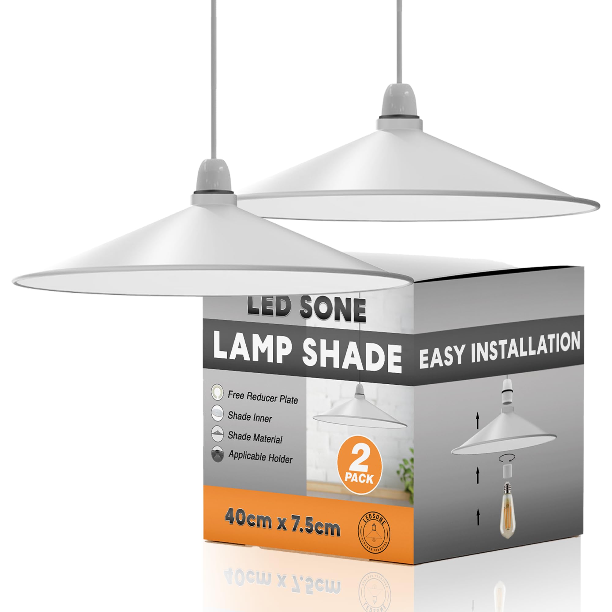 2 Pack White Metal Ceiling Lamp Shade - Easy Fit Light Pendant - 40cm Modern Ceiling Lighting Shade for Bedroom, Hallway, Office, Restaurant - Industrial Replacement Light Shade Hanging Pendant
