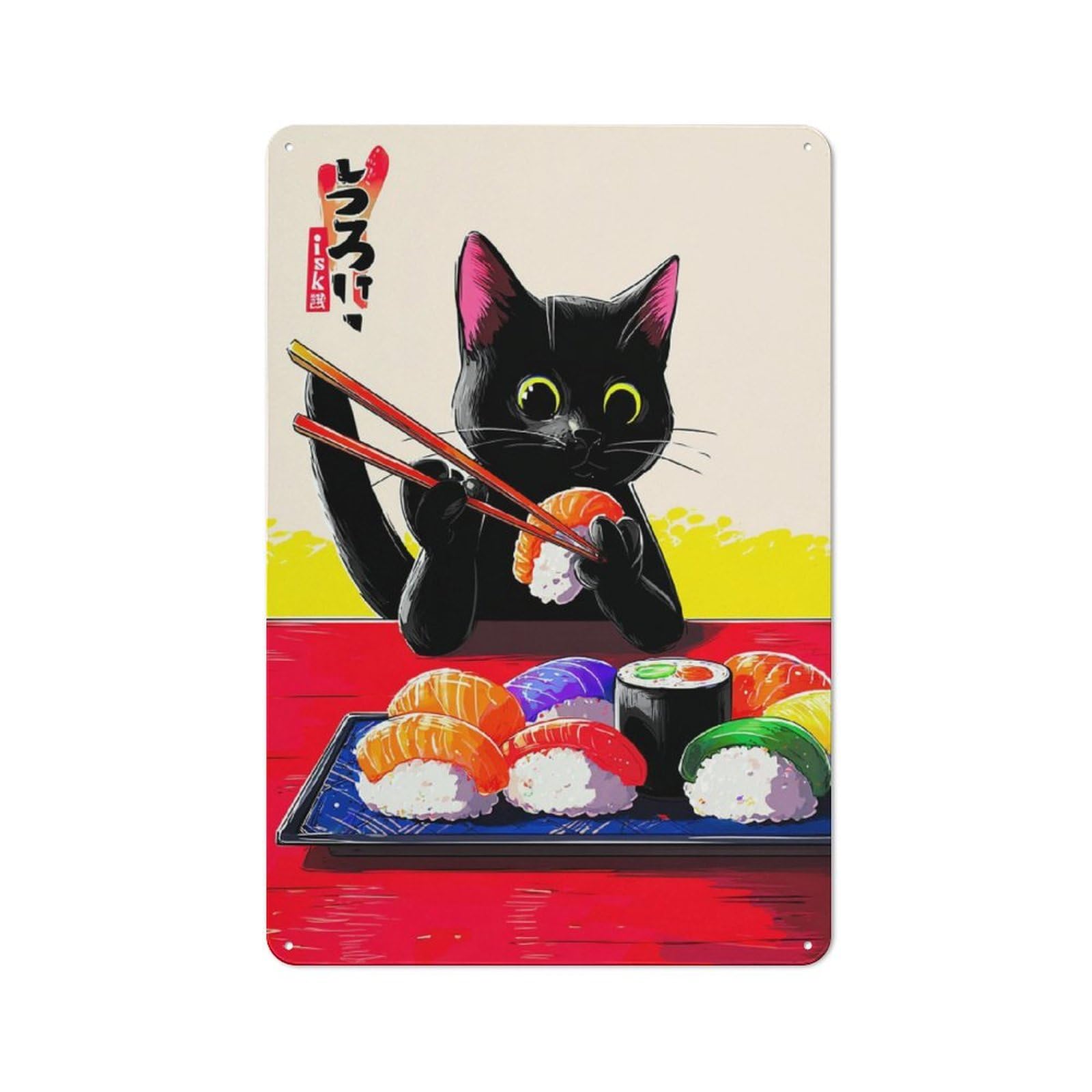 Junmoney Sushi Cat With Chopsticks Vintage Tin Sign 30X20cm With For Guest Room Or Hallway, For Vintage Wall Decor Fans, For Themed Room Decoration