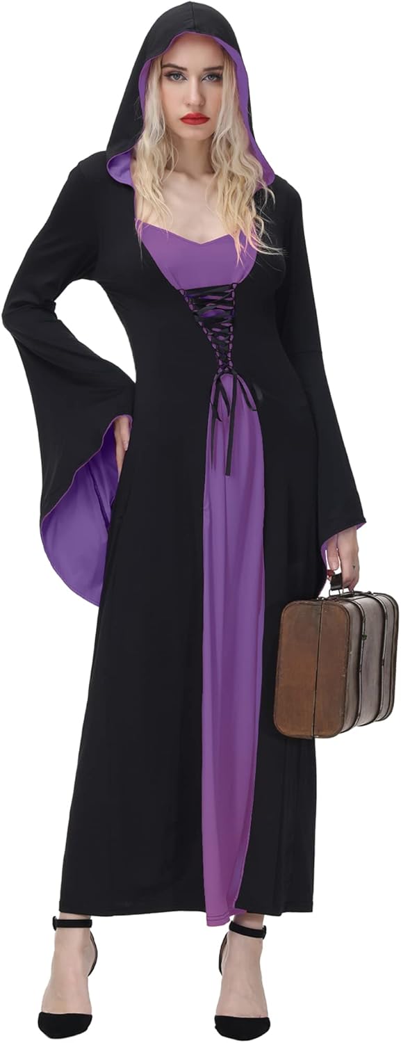 NANAMEEI Women Lace Up Front Hooded Robe Costume Color block Maxi Dress - Image 2