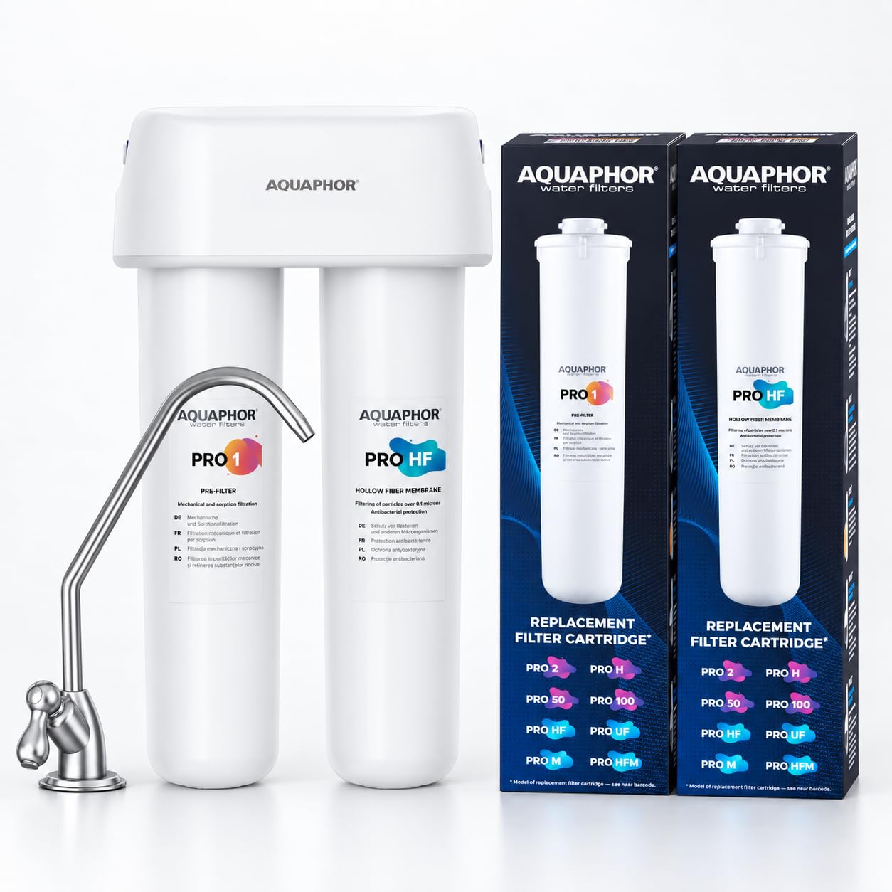 AQUAPHOR DUO HF Pro Sistema Filtrante Sottolavello con Rubinetto + Set di 2 Cartucce di Ricambio Pro 1 e Pro HF, Membrana a Fibra Cava