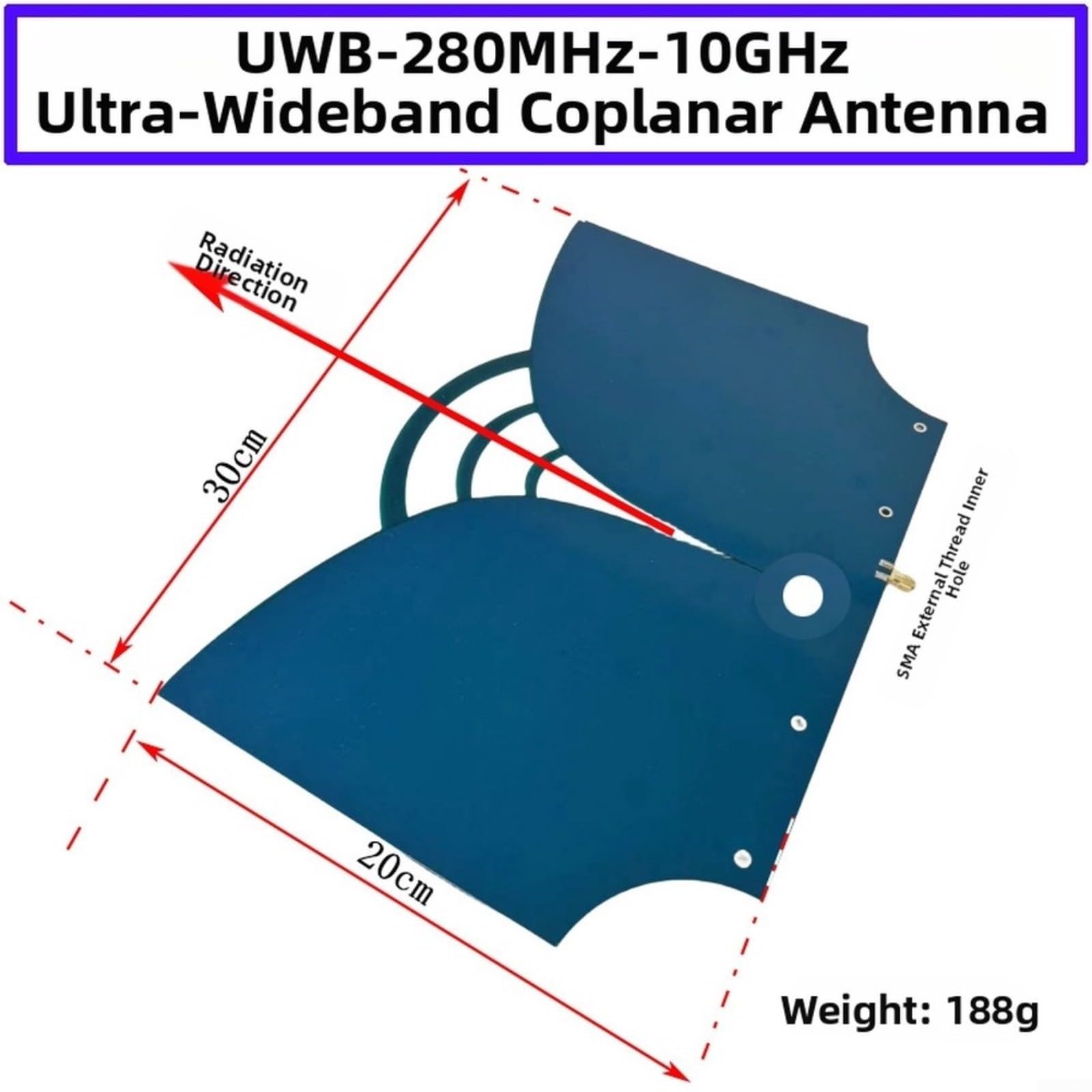 Antenne RF ultra large bande 280 MHz-10 GHz 50 Ohm design coplanaire avec connecteur mâle sma pour test de signal, communication et débogage d'équipement RF