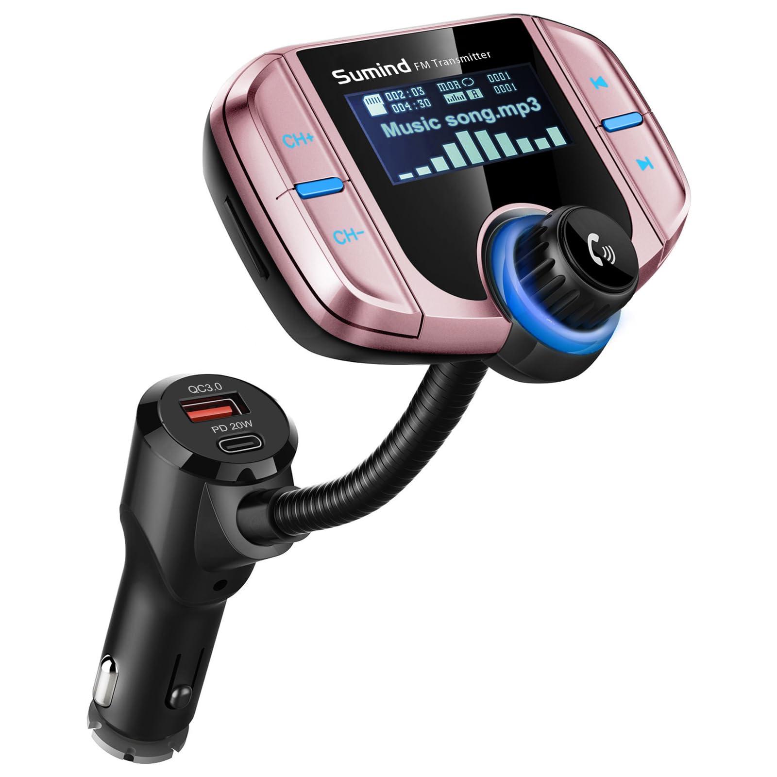 Upgraded Bluetooth FM Transmitter, Wireless Radio Adapter Hands Free Car Kit with 1.7'' Display, QC3.0 and Smart 2.4Amp Dual USB Ports, AUX Input/Output, TF Card Mp3 Player (PD, Rose Gold)