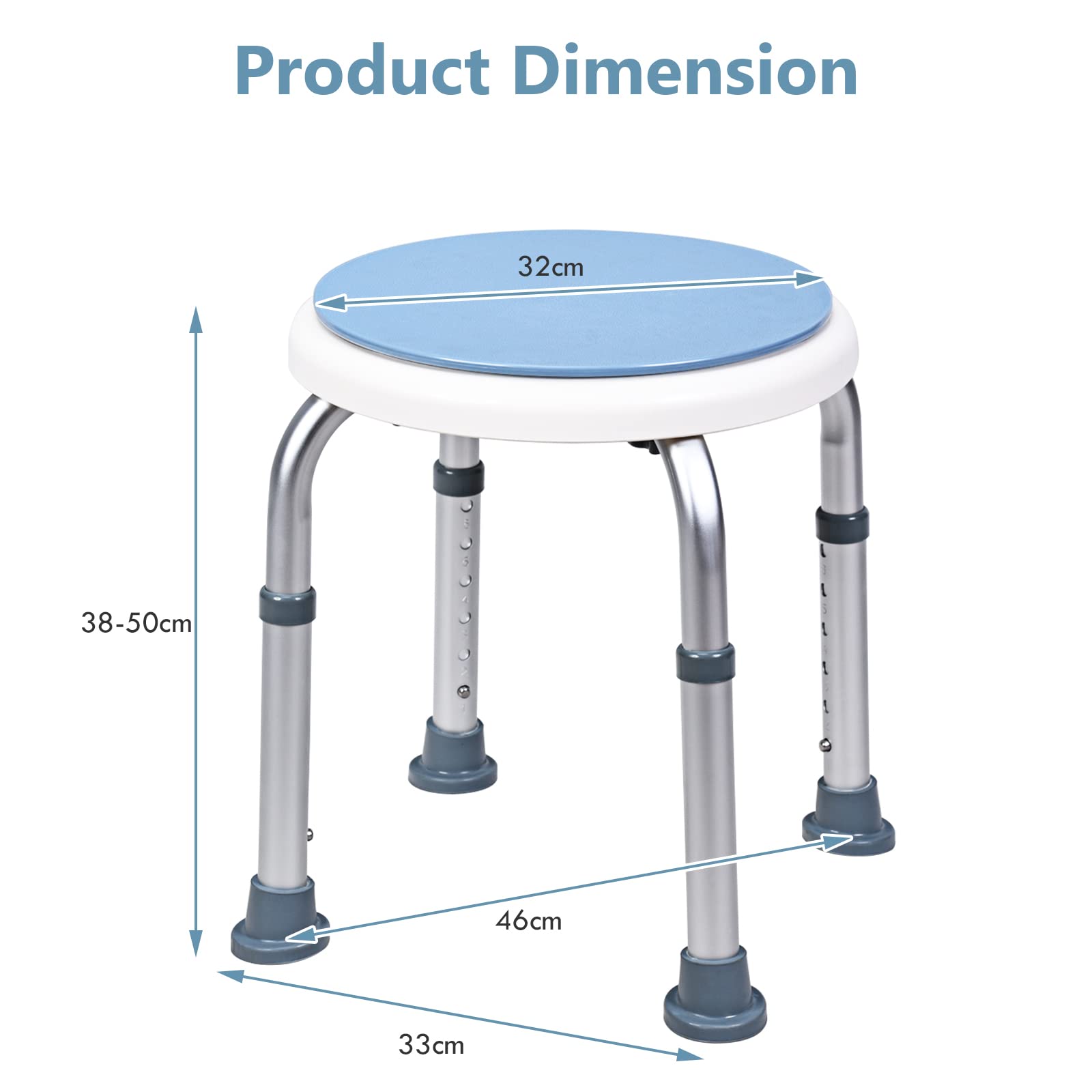 Taburete de ducha ajustable, asiento redondo giratorio de 360° con almohadillas de goma antideslizantes, silla de aluminio ajustable en altura para ancianos, discapacitados y embarazadas