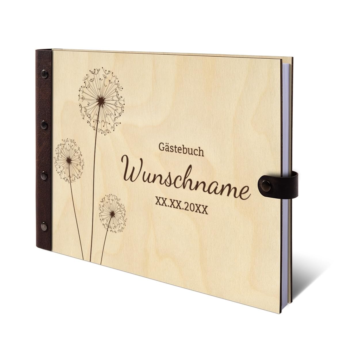 Personalisiertes Gästebuch Taufe Konfirmation Kommunion echtes Holz DIN A4 Kondolenzbuch mit Lasergravur - Pusteblume - mit 72 Blatt / 144 Seiten Naturpapier Weiß