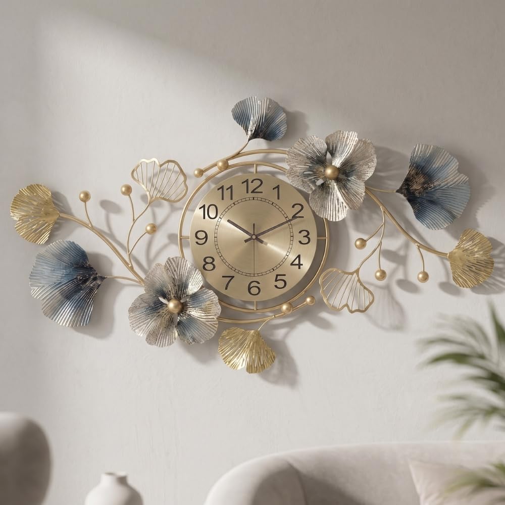 Metal Floral Wall Clock for Hall Modern Decorative Round Wall Clock Accent Gold and Blue Leaves Design Clock for Bed Room Statement Home Decor-image-42