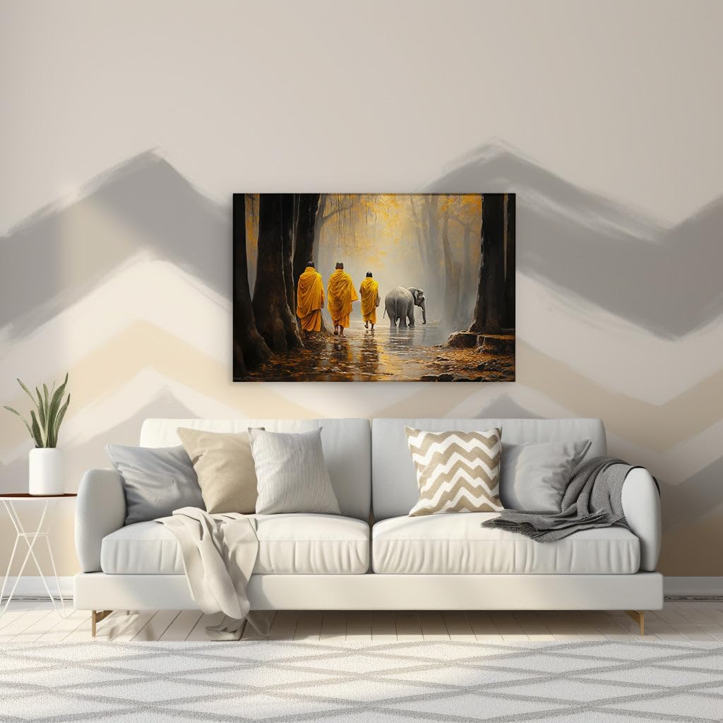 Canvas for Living room. Mystic March in Mist: Monks and Elephants in Harmonious Forest Procession, 27 x 18 inch Canvas Wall Art - Nature Home Decor