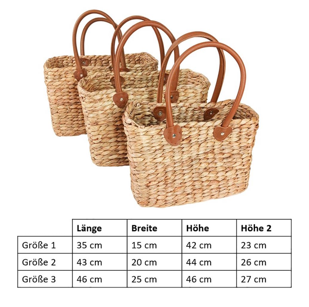 Kobolo Tasche Korbtasche Set aus Wasserhyazinthe Kunstlederhenkel eckig
