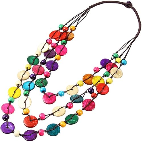 COLORFUL BLING Ethnic African Wood Bead Statement Pendant Collar Layered Long Strand Chunky Coconut Shell Geometric Choker Bib Necklace Bohemian