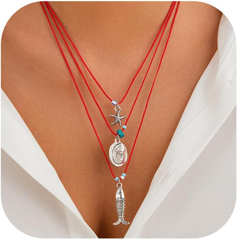 Fish Necklace for Women Handmade Beaded Y Pendant Necklace Colorful Summer Beach Boho Layering Choker Necklaces