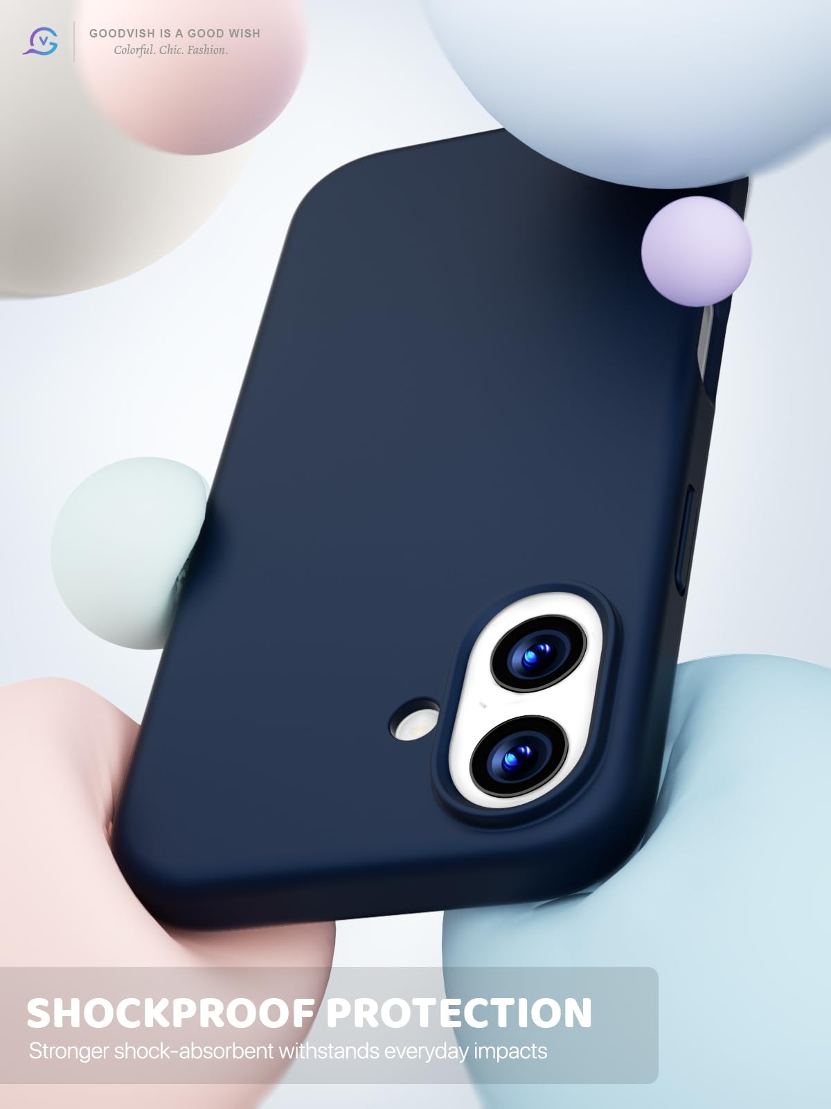 GOODVISH 3 in 1 Silicone Cover per iPhone 17 6.3", Custodia con 2 Pellicola Vetro Temperato [Protezione Fotocamera] 360° Protezione Anticaduta Case per Cellulare Antiurto Resistente, Navy Blu