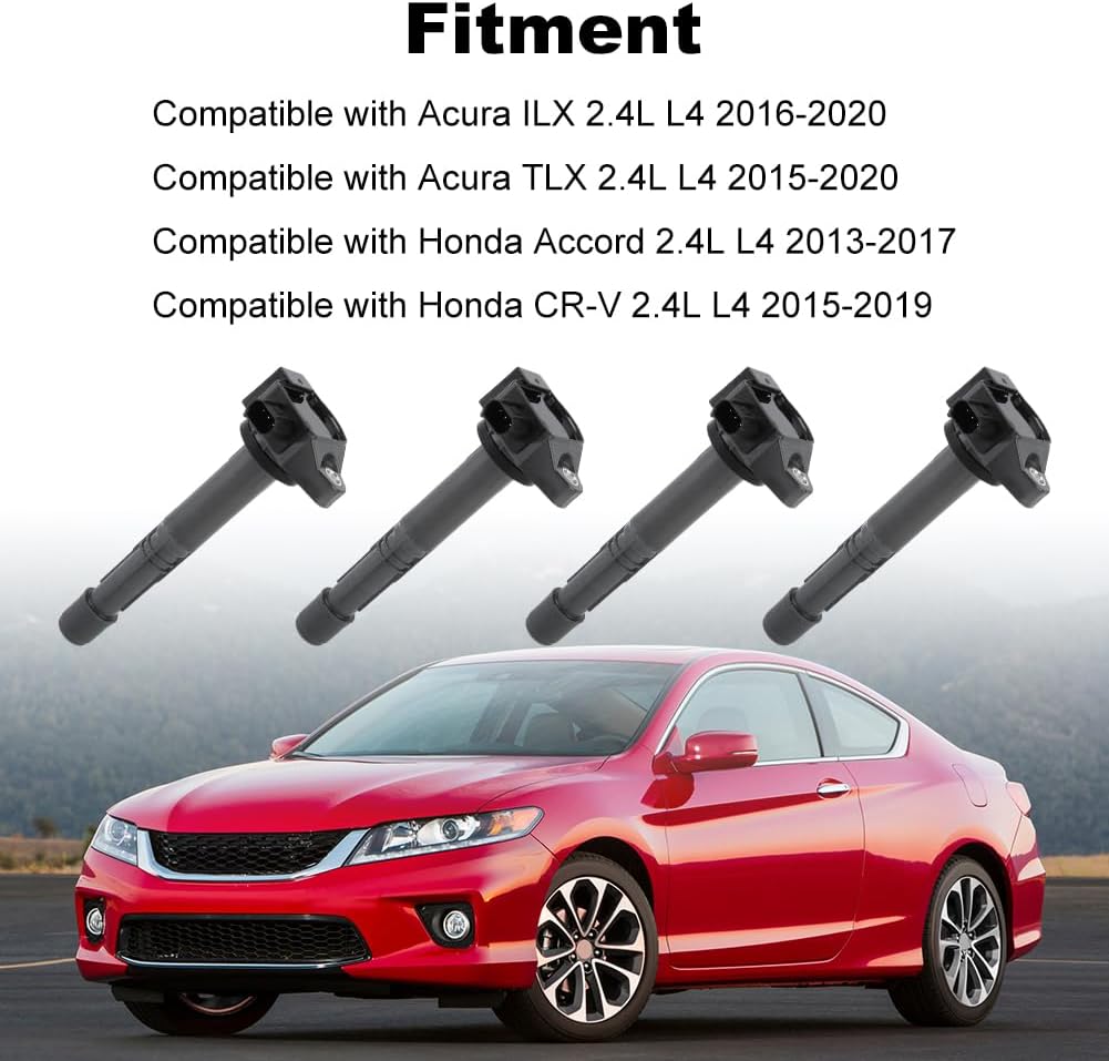 JDMON Set of 4 Ignition Coils Pack with Spark Plugs Compatible with Acura ILX TLX, Honda Accord CR-V 2.4L L4 2013 2014 2015 2016 2017 2018 2019 2020 Replacement for UF712 305205A2A01