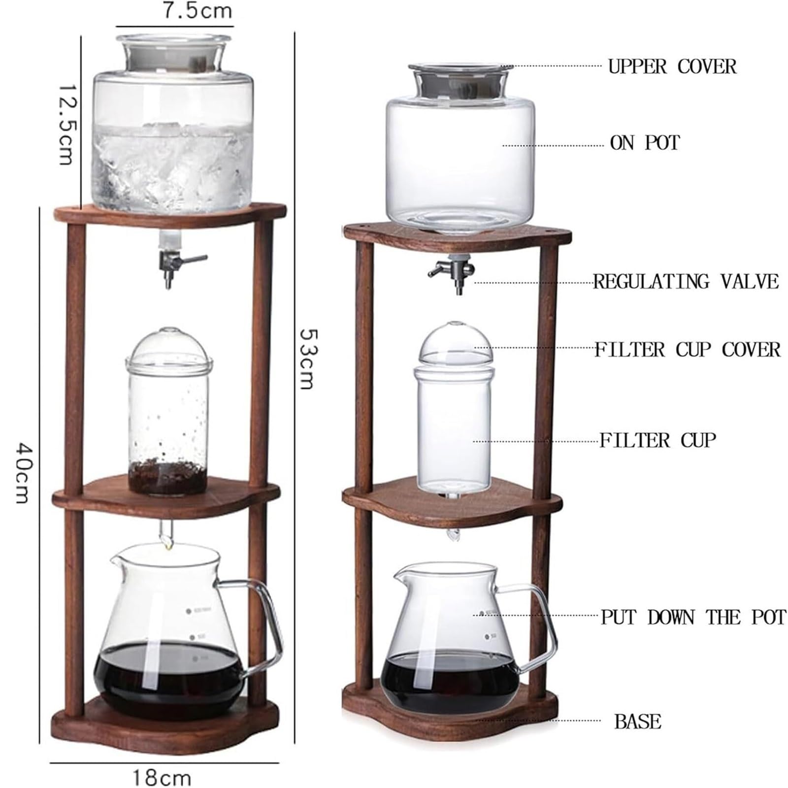 Caffettiera Per Cold Con Velocità Gocciolamento Regolabile, Supporto In Legno E Caraffa In Vetro 600 Ml, 2-4 Tazze Caffè Aromatico E Vellutato, Per Casa, Ufficio O Sala Tè