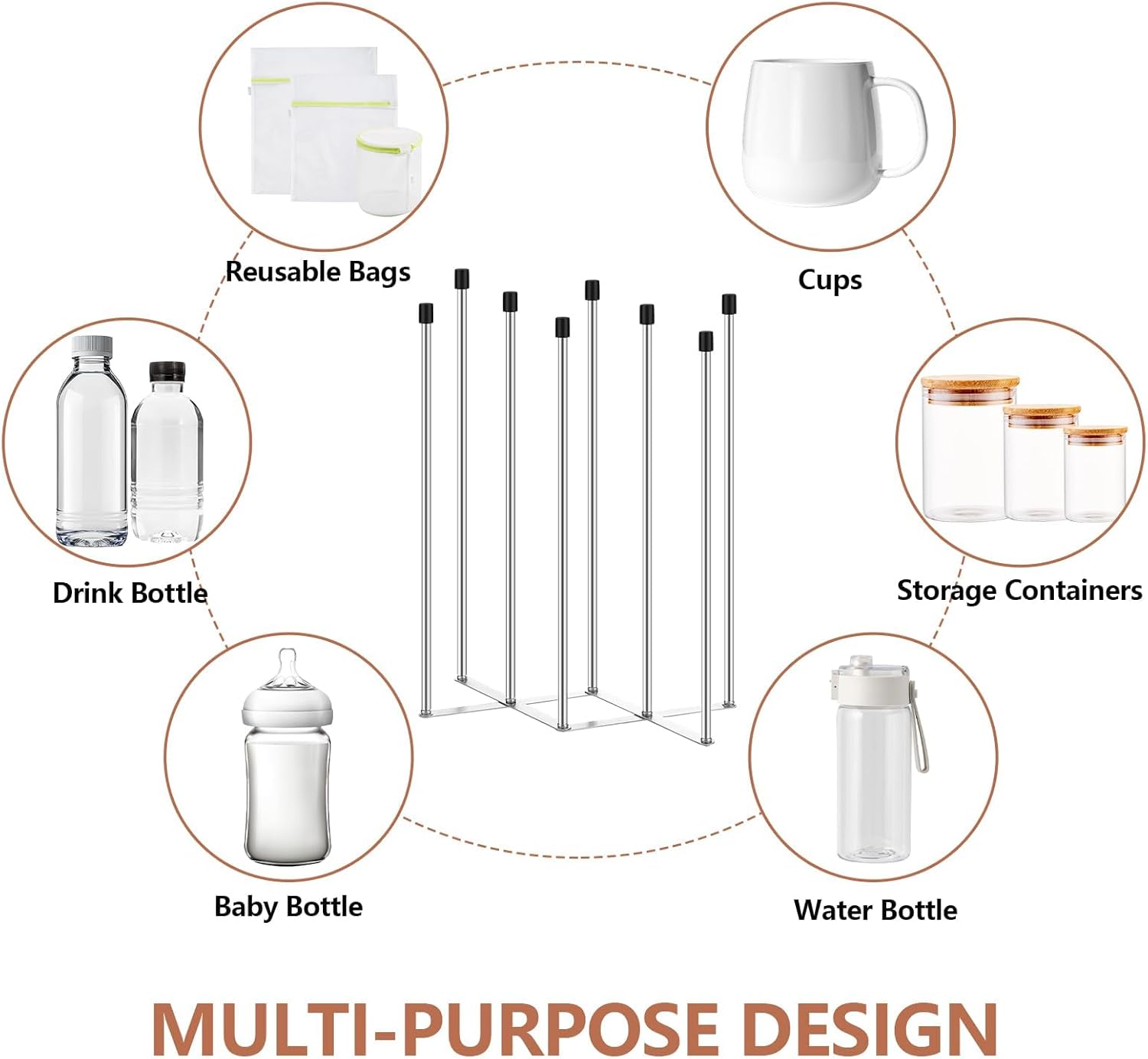 2 Pcs Foldable Bottle Drying Rack Stainless Steel Plastic Bag Drying Racks with Silicone Caps 8 Poles Space-Saving Countertop Organizer Dryer Rack for Cup Water Bottles Dish Plate Bag