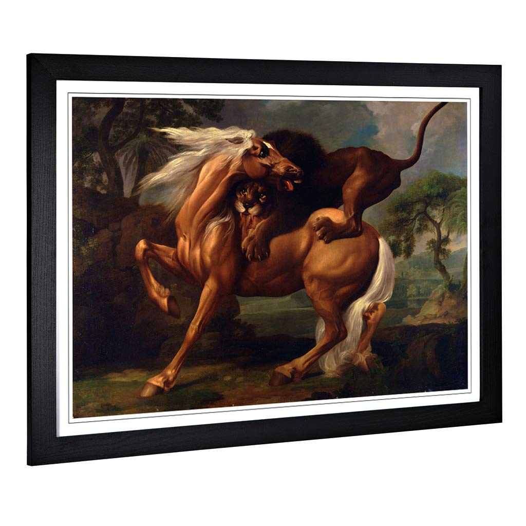 Big Box Art Framed Print of George Stubbs Lion Attacking a Horse Design | Wall Art Picture | Home Decor for Kitchen, Living Room, Bedroom, Hallway, Black, A2 / 24.5x18 Inch / 62x45cm
