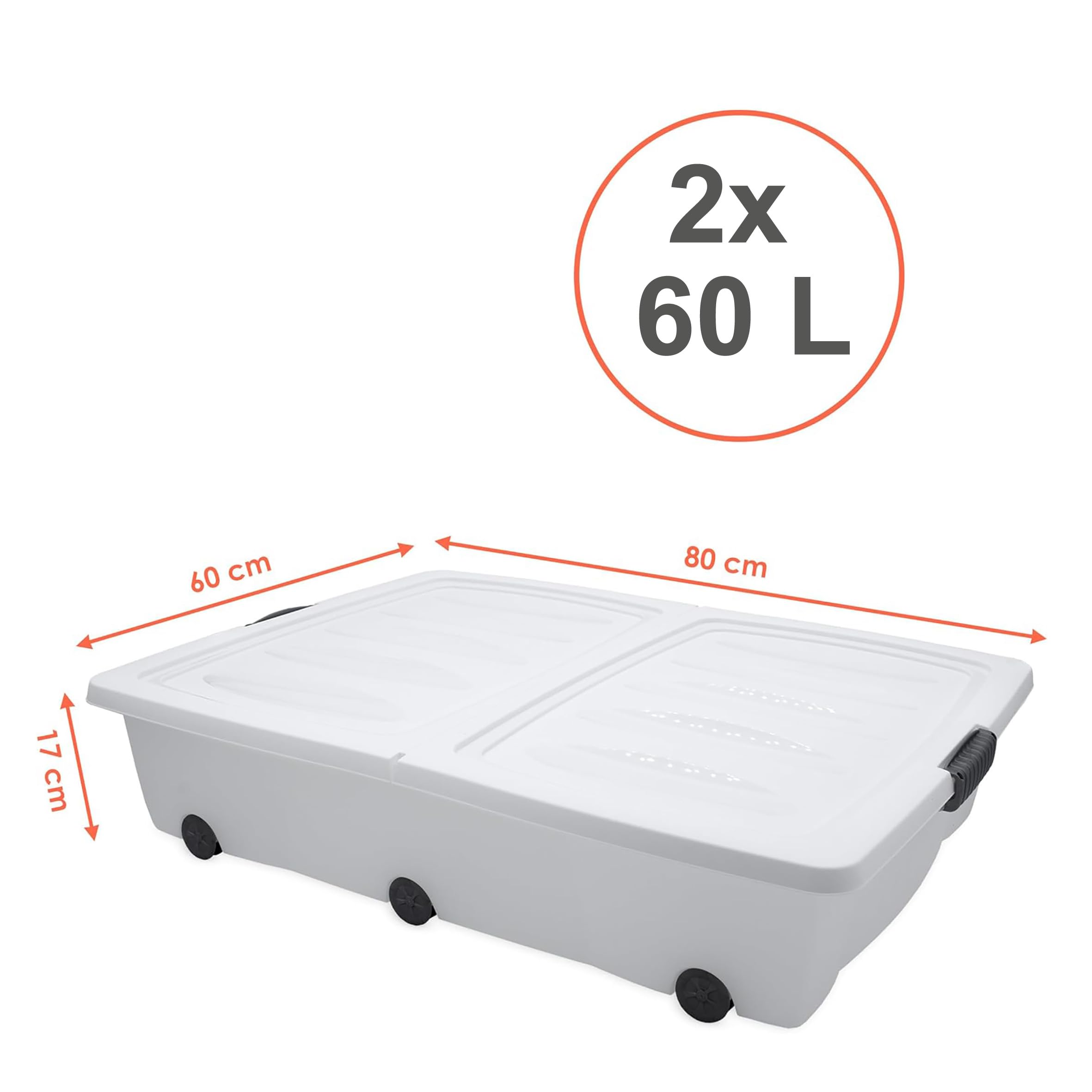 Spetebo XXL Unterbettkommode mit Klappverschluss 2er Set - 60 Liter - Aufbewahrungs-Rollbox mit zweigeteiltem Deckel in weiß - Universal Aufbewahrungsbox Unterbett Box Spielzeugkiste mit Rollen