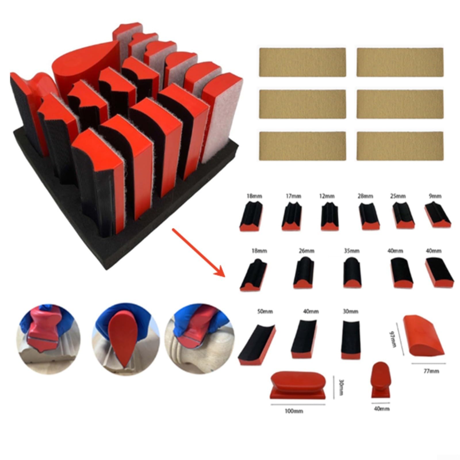 Kit di blocchi abrasivi a forma di 16 pezzi con 40 fogli abrasivi autofloccati, morbidi cuscinetti in schiuma di poliuretano rosso per molatura multiforma, ideali per lucidare mobili in legno e