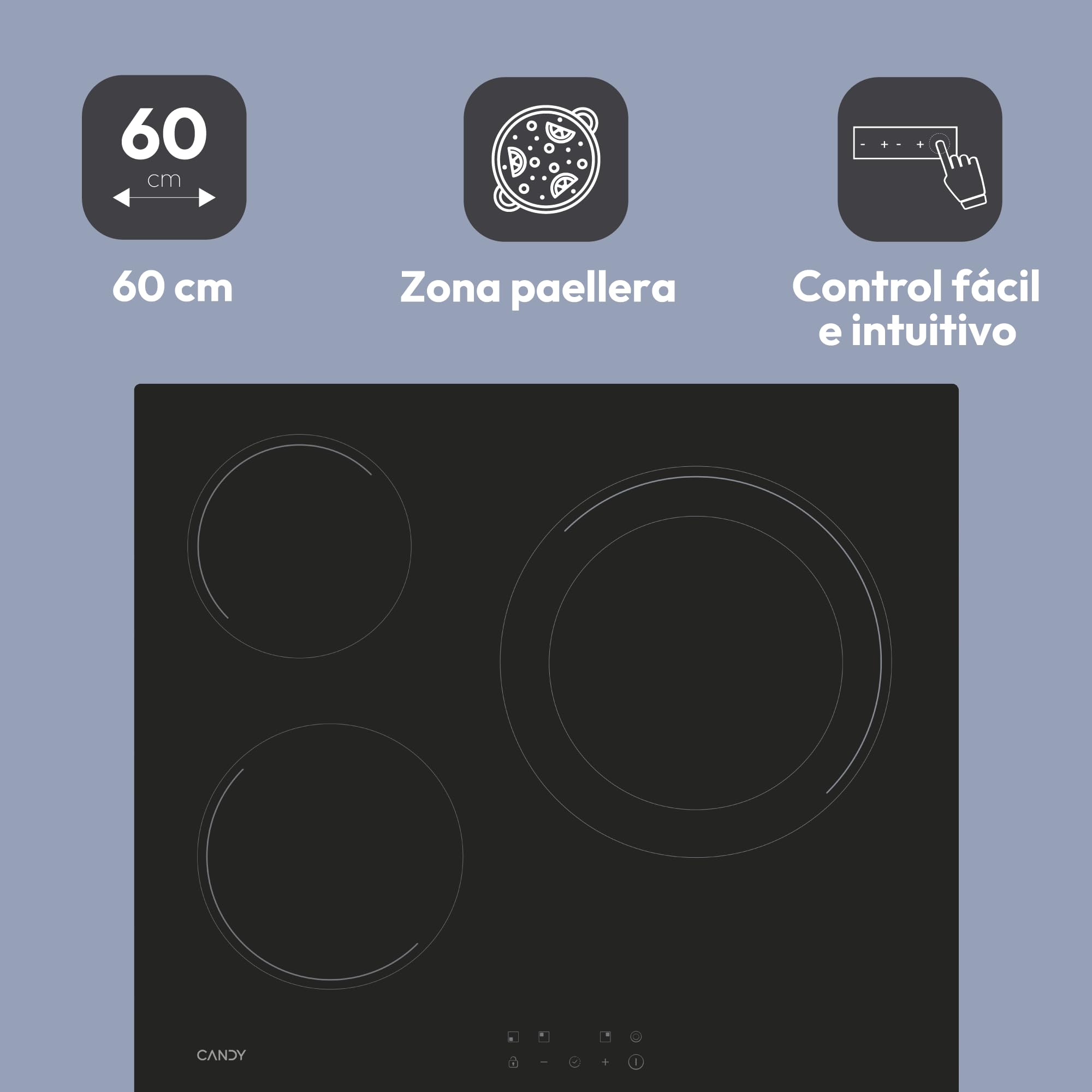 Candy CH63DCC Placa vitrocerámica 60 cm, 3 zonas de cocción, doble zona paellera de 28 cm, control táctil, 9 niveles de potencia, sistema de seguridad, color negro