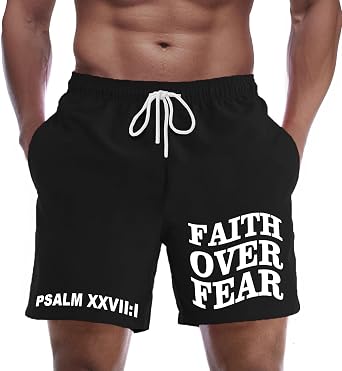 Christian Faith Over Fear Graphic Shorts for Men High Waist Elastic Casual Workout Athletic Gym Shorts with Pockets