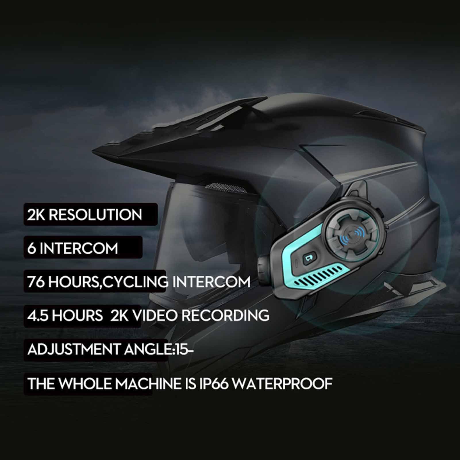 Zestaw Słuchawkowy Bluetooth do Kasku Motocyklowego, Wodoodporny Obiektyw Szerokokątny 130 Stopni Zestaw Słuchawkowy z Interkomem do Kasku z kamerą 2K HD, Połączenia Bluetooth
