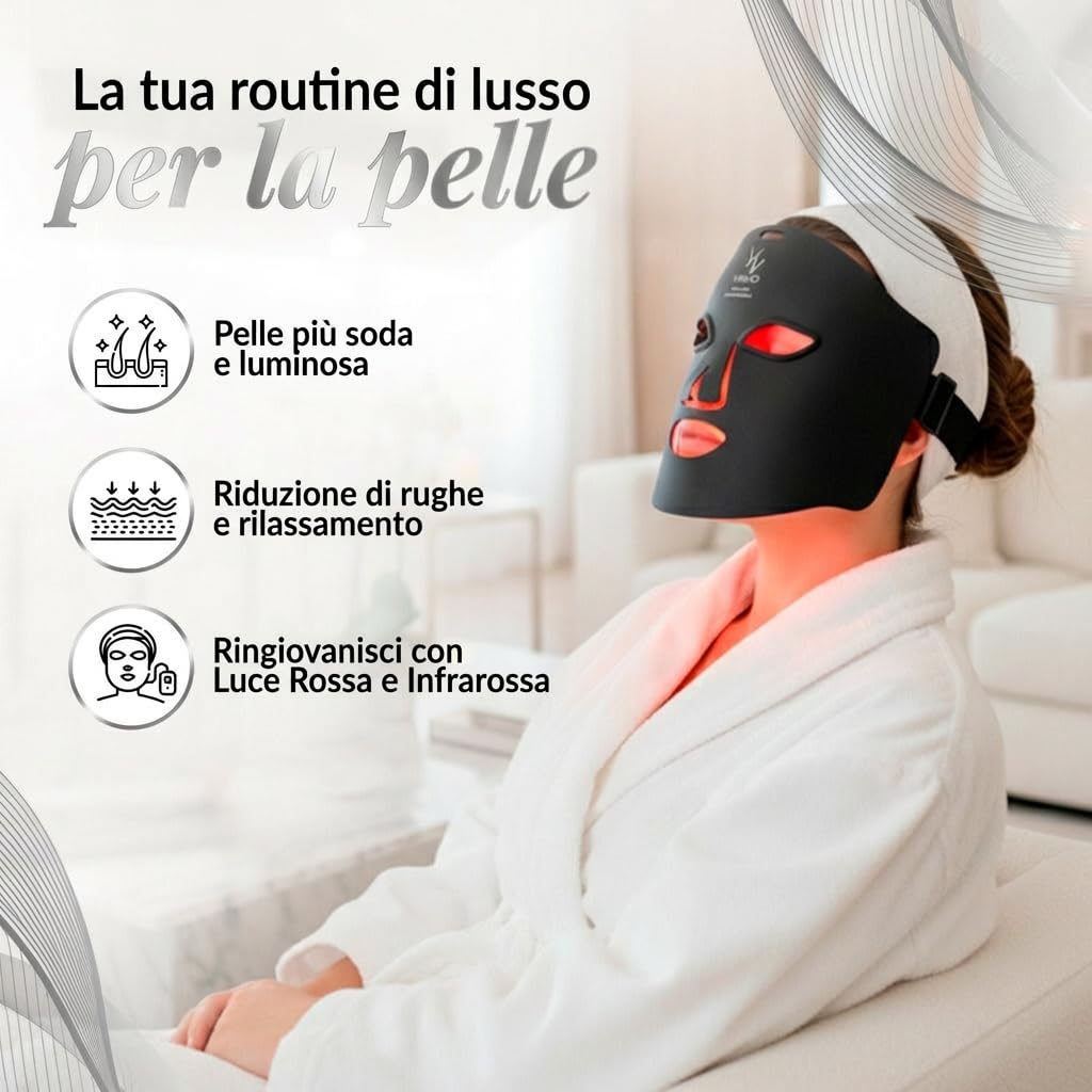 VENIO Maschera LED Viso Professionale – Maschera Viso LED con Luce Rossa e Infrarossi, 4 Colori LED, LED Mask per Routine di Cura Estetica e Benessere a Casa