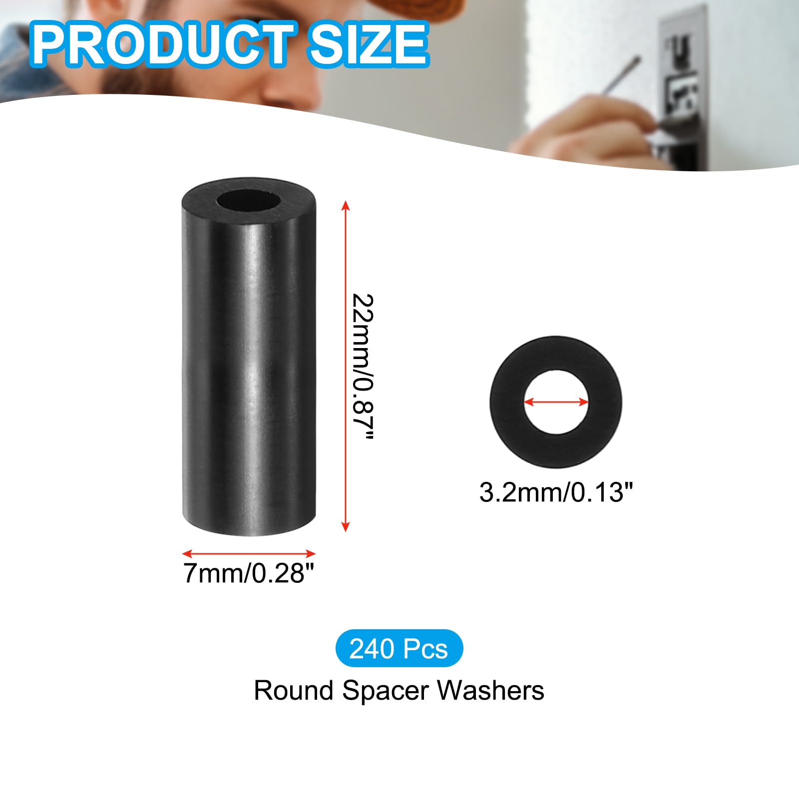 PATIKIL M3 Black ABS ID 3.2mm,OD 7mm,Length 22mm, Nylon Round Spacer Washers - Image 2