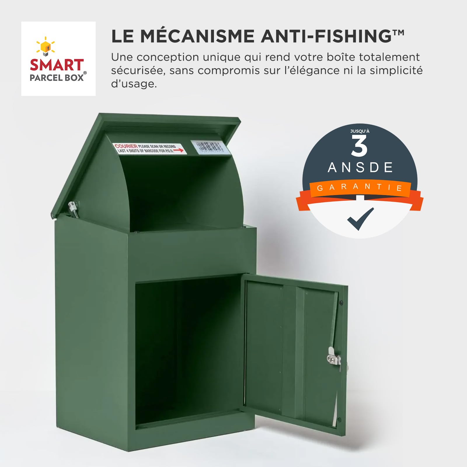 SMART PARCEL BOX Boite aux Lettres Colis, Fixation Murale, Individuelle, Acier galvanisé, 3 clés, Vert, 44 x 35 x 58 cm