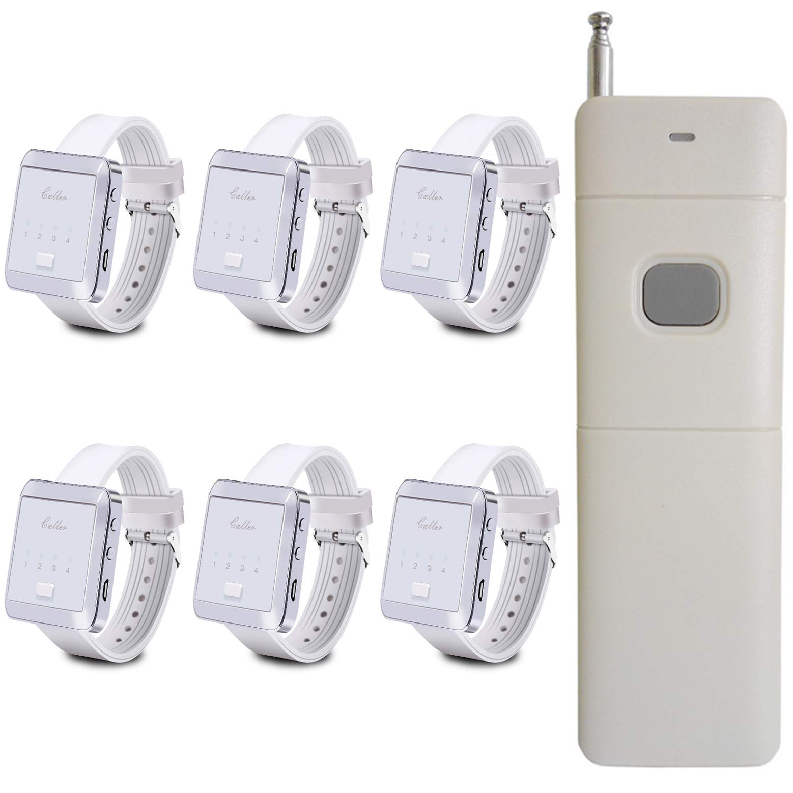 Taidacent Wireless Remote Control Emergency Pager Wireless Calling System Wrist Pager + Remote Control Restaurant / Club / Bath Emergency Alarm Old People Patients (1 Remote Control + 6 Wrist Pagers)